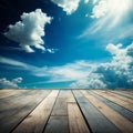 Old wood floor perspective under bright blue sky. Generative ai Royalty Free Stock Photo