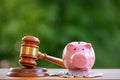 Old wood Judge hammer with Happy Pink piggy Bank in close-up and coins stack the table wood background, Used for adjudication and Royalty Free Stock Photo