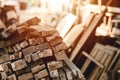 old wood pile in sawmill lumber. wooden pole stacked warehouse stock collection dried