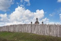 Old wood rustic church building and wooden fence against blue sk Royalty Free Stock Photo