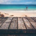 Old wood table with blur beach background for display Royalty Free Stock Photo