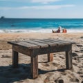 Old wood table with blur beach background for display Royalty Free Stock Photo