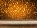 Old wood table top on copper gold glitter bokeh