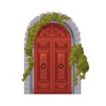 Old wooden arched door in vintage style. Medieval entrance design with leaf plant, ivy on stones. Wood arc doorway Royalty Free Stock Photo