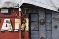 Old wooden background at Bristol Harbour aka Bristol Docks with old train carriages