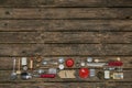 Old wooden background with old kitchenware decoration in red, si