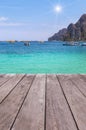 Old wooden balcony terrace floor with tropical blue sea and blue sky Royalty Free Stock Photo