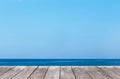 Old wooden balcony terrace floor with tropical blue sea and blue sky Royalty Free Stock Photo