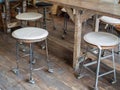 Old wooden bar stools on wooden floor in cafe retro style Royalty Free Stock Photo