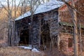 Old wooden barn falling down in winter forest