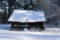 old wooden barn in the forest in winter Royalty Free Stock Photo