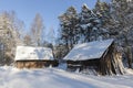 old wooden barn in the forest in winter Royalty Free Stock Photo