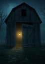 Old Wooden Barn at Night with Lantern Light Royalty Free Stock Photo