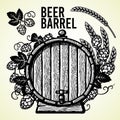 Old wooden barrel of beer with hop branches and ears of barley or wheat. Hand drawn set of elements on white background. Royalty Free Stock Photo