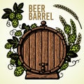 Old wooden barrel of beer with hop branches and ears of barley or wheat. Hand drawn set of elements on white background.