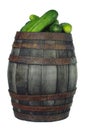 Old wooden barrel with cucumbers