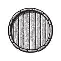 Old wooden barrel in engraving style. Top view of beer, wine, rum whiskey traditional barrel. Vector illustrations.