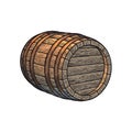 Old wooden barrel lying on its side. Beer, wine, rum whiskey barrel three quarters view in vintage engraving style. Hand Royalty Free Stock Photo