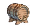 Old wooden barrel with tap on the stand three quarters view. Beer, wine, rum whiskey traditional barrel in cartoon style. Hand Royalty Free Stock Photo