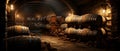 Old wooden barrels in dark wine cellar, panoramic view. Vintage brown oak casks inside storage of winery. Concept of vineyard, Royalty Free Stock Photo