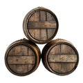 Old wooden barrels isolated on a white or transparent background. Barrels for storing whiskey or cognac are stacked in a Royalty Free Stock Photo