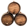 Old wooden barrels isolated on a white or transparent background. Barrels for storing whiskey or cognac are stacked in a Royalty Free Stock Photo