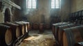 Old wooden Barrels in the wine cellar. Interior of an old distillery Royalty Free Stock Photo