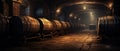 Old wooden barrels in wine cellar, panorama of luxury warehouse of winery. Row of vintage oak casks in dark large storage. Concept