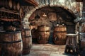 Old wooden barrels in wine cellar with stone walls Royalty Free Stock Photo