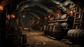 Old wooden barrels in wine cellar of winery, perspective of vintage oak casks in dark underground storage. Concept of vineyard,