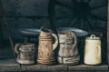 Old wooden beer mugs and jugs. Rustic antique tableware