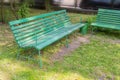 Old Wooden Bench in Park, Outdoor City Architecture, Green Wooden Benches, Outdoor Chair Royalty Free Stock Photo