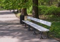 Old Wooden Bench in Park, Outdoor City Architecture, Green Wooden Benches, Outdoor Chair Royalty Free Stock Photo