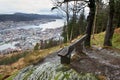 Wooden bench and view of the Bergen from above, Norway