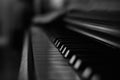 Old and wooden black and white piano keyboard in darknes with music