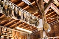 Old wooden Block and tackle pulleys in a boat builders shop Royalty Free Stock Photo