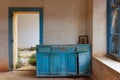 Old wooden blue cupboard in the mansion ruins in Lebanon