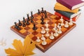 Top view of chessboard with white and black pieces. Game has begun, the first moves have been made. Royalty Free Stock Photo