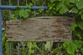 Old wooden board for sign on metal fence Royalty Free Stock Photo