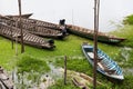 Old wooden boat abandoned and sunken in a Yarinacochas Amazon lagoon in Ucayali