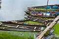 Old wooden boat abandoned and sunken in a Yarinacochas Amazon lagoon in Ucayali