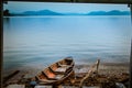 Old wooden boat with blue river Royalty Free Stock Photo