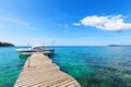 Old wooden boat dock, going far out to sea.