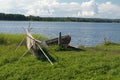 Old wooden boat and fishing net Royalty Free Stock Photo