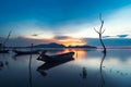 Old wooden boat on the lake bank in autumn season at twilight ti Royalty Free Stock Photo