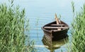 an old wooden boat with oars stands in a small bay on the lake Royalty Free Stock Photo