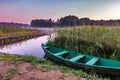 Old wooden boat in the reed bushes on the bank of wide river or lake Royalty Free Stock Photo