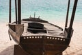 Old wooden boat on a sea sandy beach against the sea