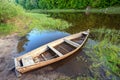 Old Wooden Boat Shore Of River Surrounded By Forest At Sunny Sum