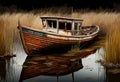 Old wooden boat stands in the reeds. AI Generated